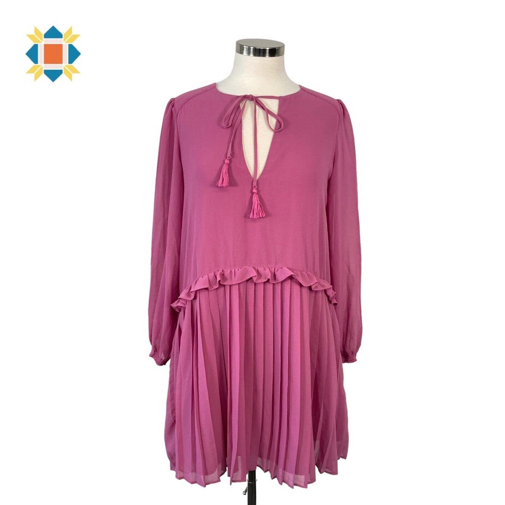 Rebecca Minkoff Women's Small Pink Shift Dress Long Sleeve Pleated Tassel Tie